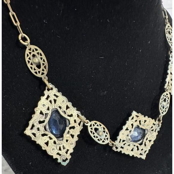 Antique Victorian Czech Blue Glass Filigree Bib Choker Necklace - Picture 8 of 14